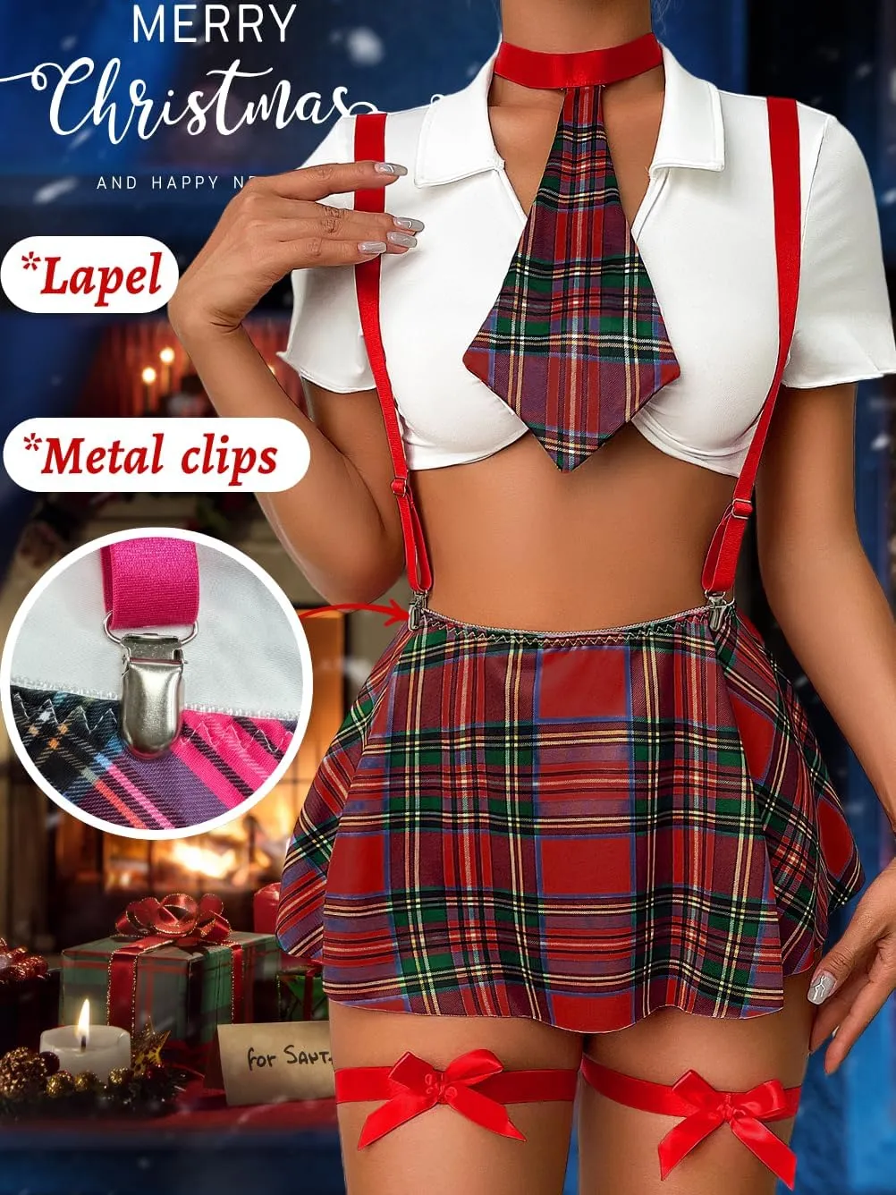 5 Piece Cosplay Costumes For Women,Halloween Lingerie Outfits,Tie Crop Top & Plaid Skirt Set