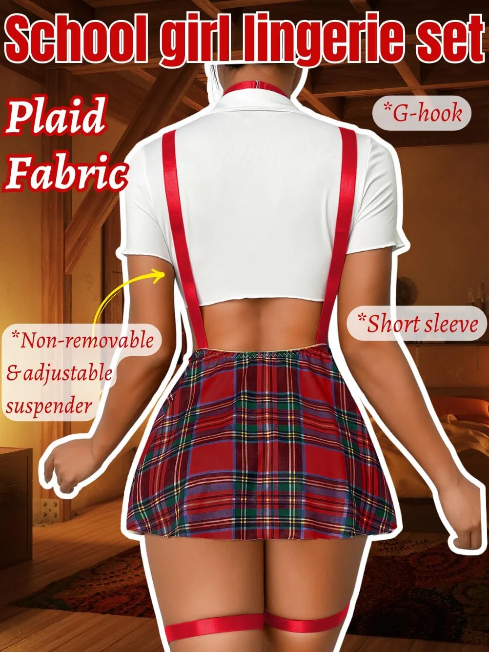 5 Piece Cosplay Costumes For Women,Halloween Lingerie Outfits,Tie Crop Top & Plaid Skirt Set