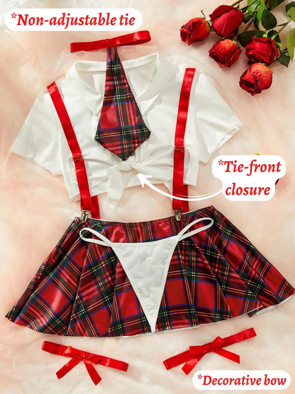 5 Piece Cosplay Costumes For Women,Halloween Lingerie Outfits,Tie Crop Top & Plaid Skirt Set