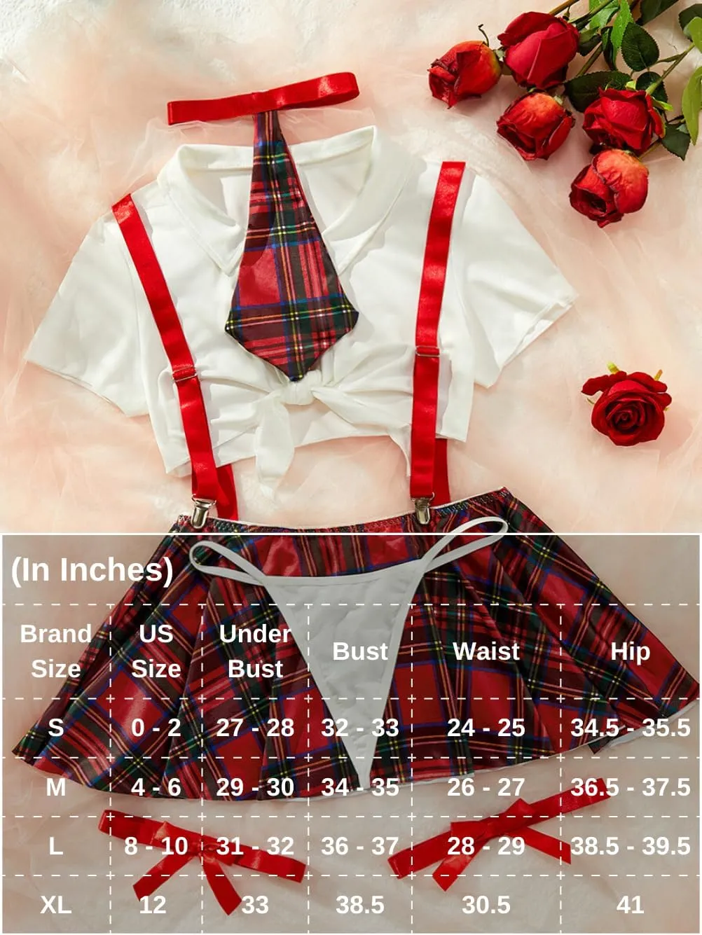 5 Piece Cosplay Costumes For Women,Halloween Lingerie Outfits,Tie Crop Top & Plaid Skirt Set