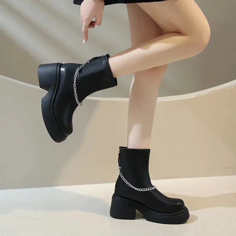 Amozae-Chunky Heel Chelsea Boots for Women New Luxury Short Boots Ladies Round Head Metal Chain Black Winter Platform Boots for Women