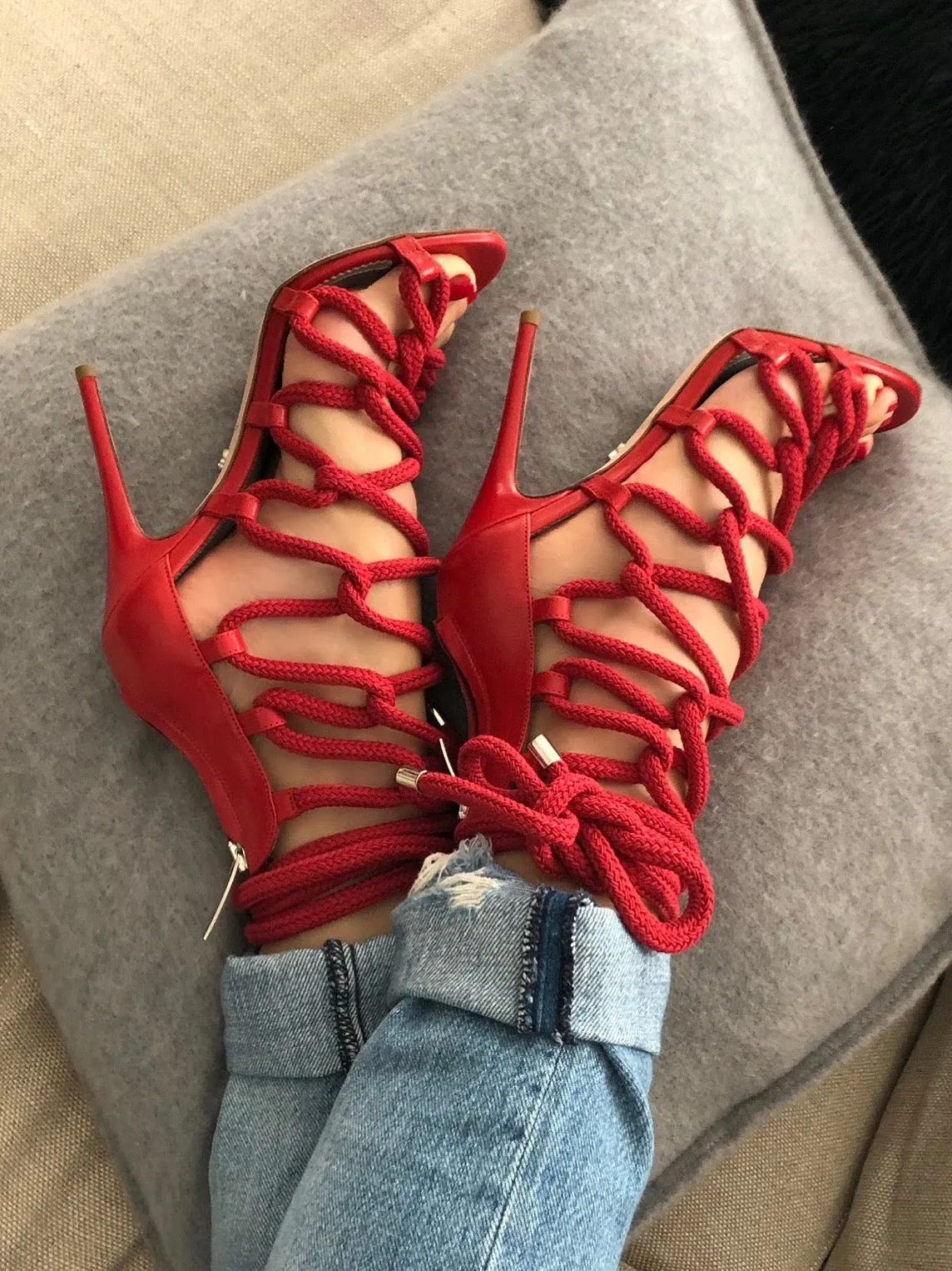 CARLA CHERRY LEATHER & ROPE SANDALS