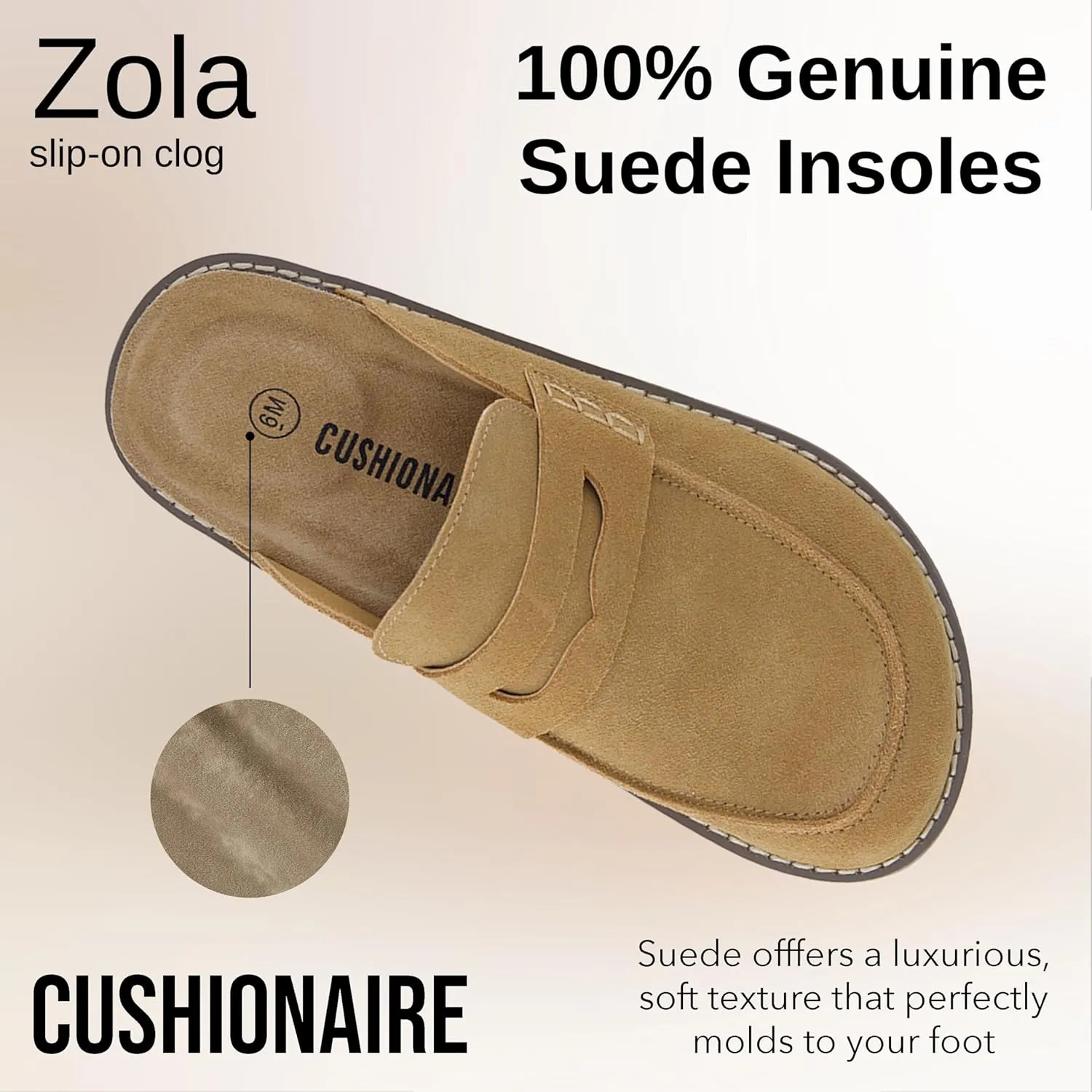 CUSHIONAIRE Zola Womens Penny Clog Mule  Suede Slip-On with Memory Foam, Cork Footbed & Flexible Outsole