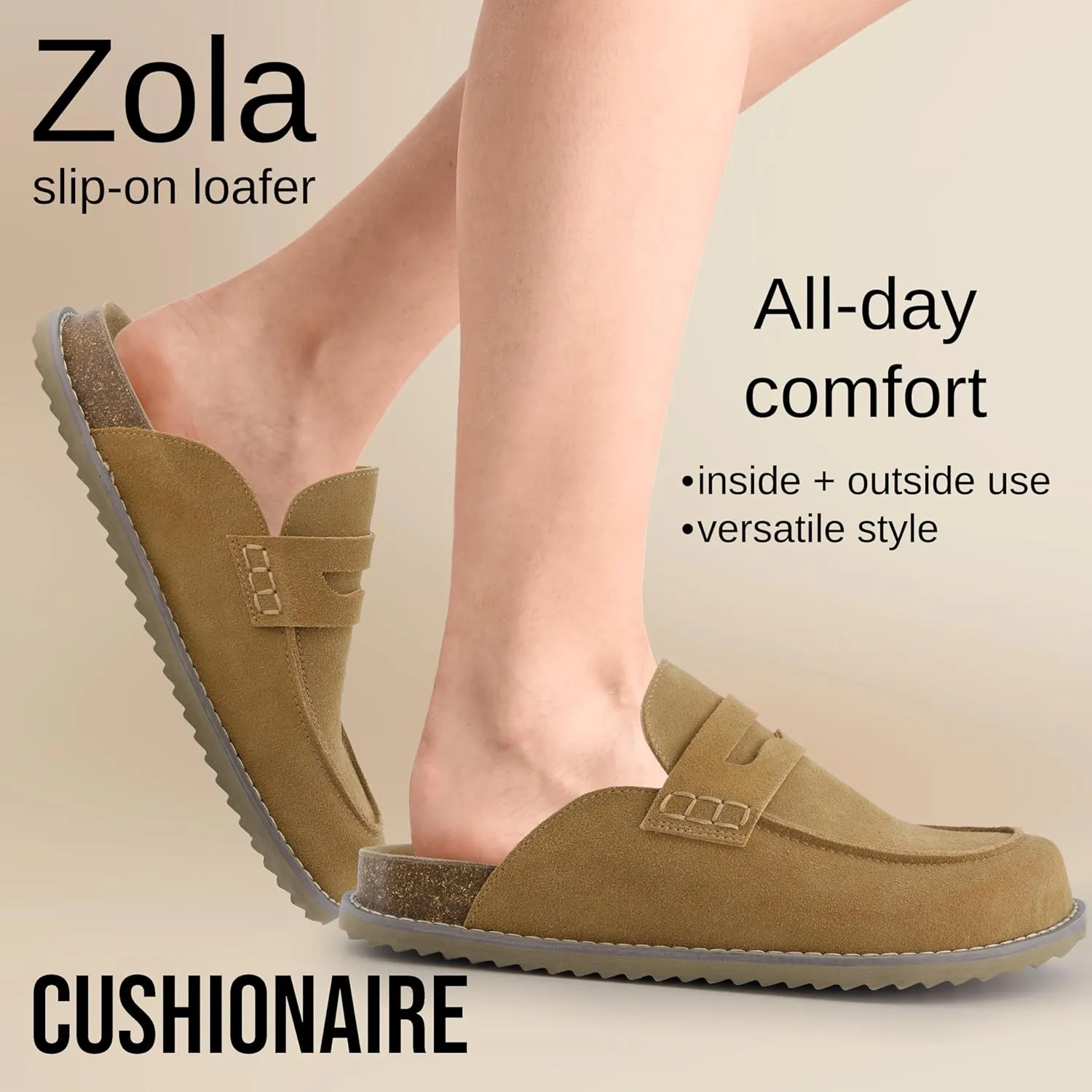 CUSHIONAIRE Zola Womens Penny Clog Mule  Suede Slip-On with Memory Foam, Cork Footbed & Flexible Outsole