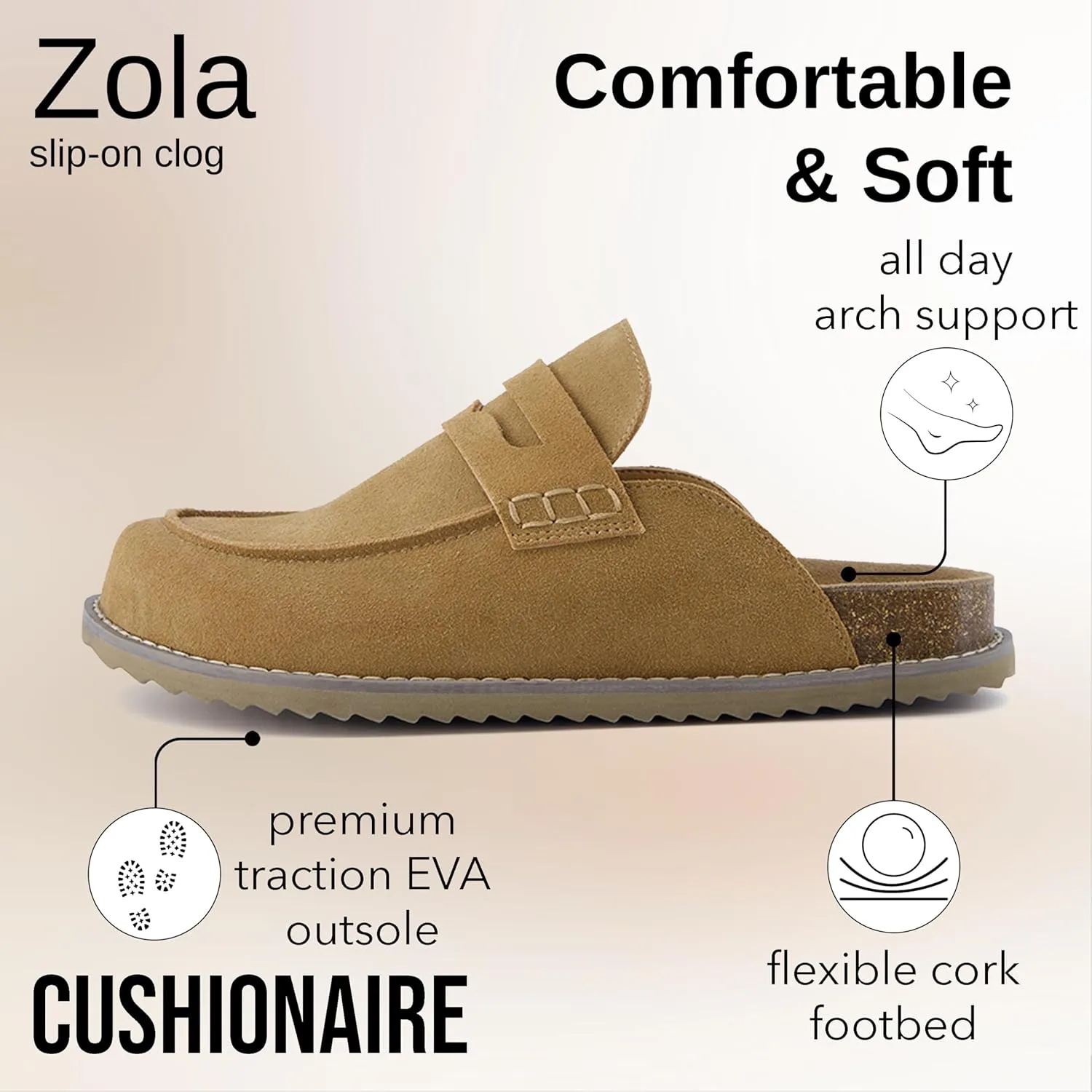 CUSHIONAIRE Zola Womens Penny Clog Mule  Suede Slip-On with Memory Foam, Cork Footbed & Flexible Outsole