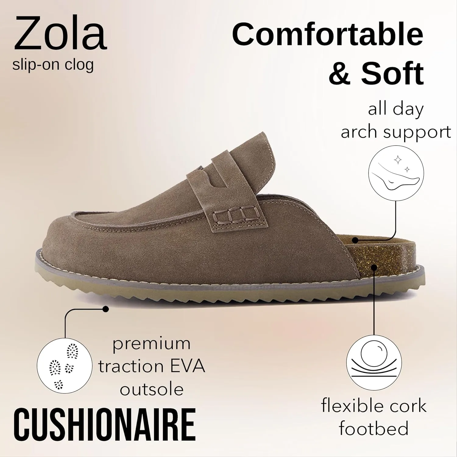 CUSHIONAIRE Zola Womens Penny Clog Mule  Suede Slip-On with Memory Foam, Cork Footbed & Flexible Outsole