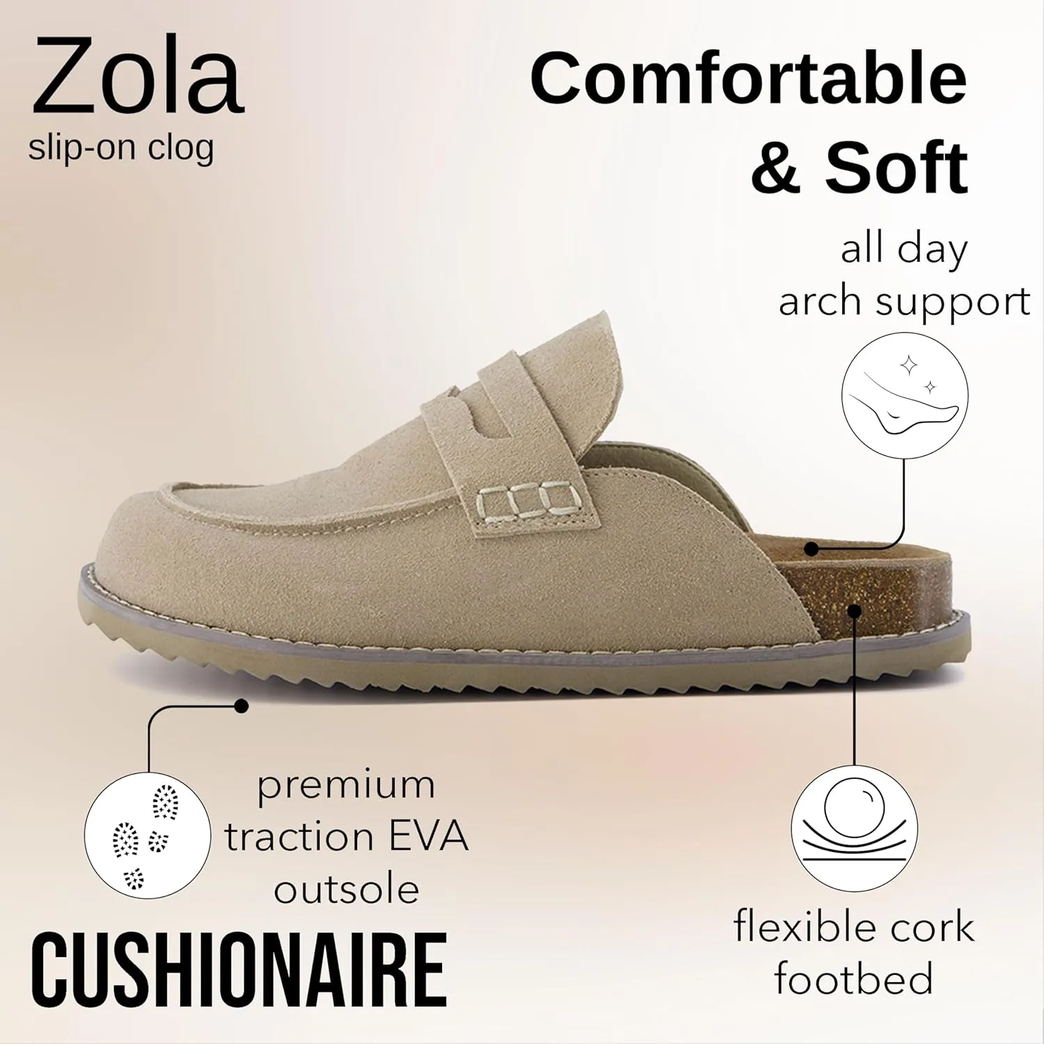 CUSHIONAIRE Zola Womens Penny Clog Mule  Suede Slip-On with Memory Foam, Cork Footbed & Flexible Outsole