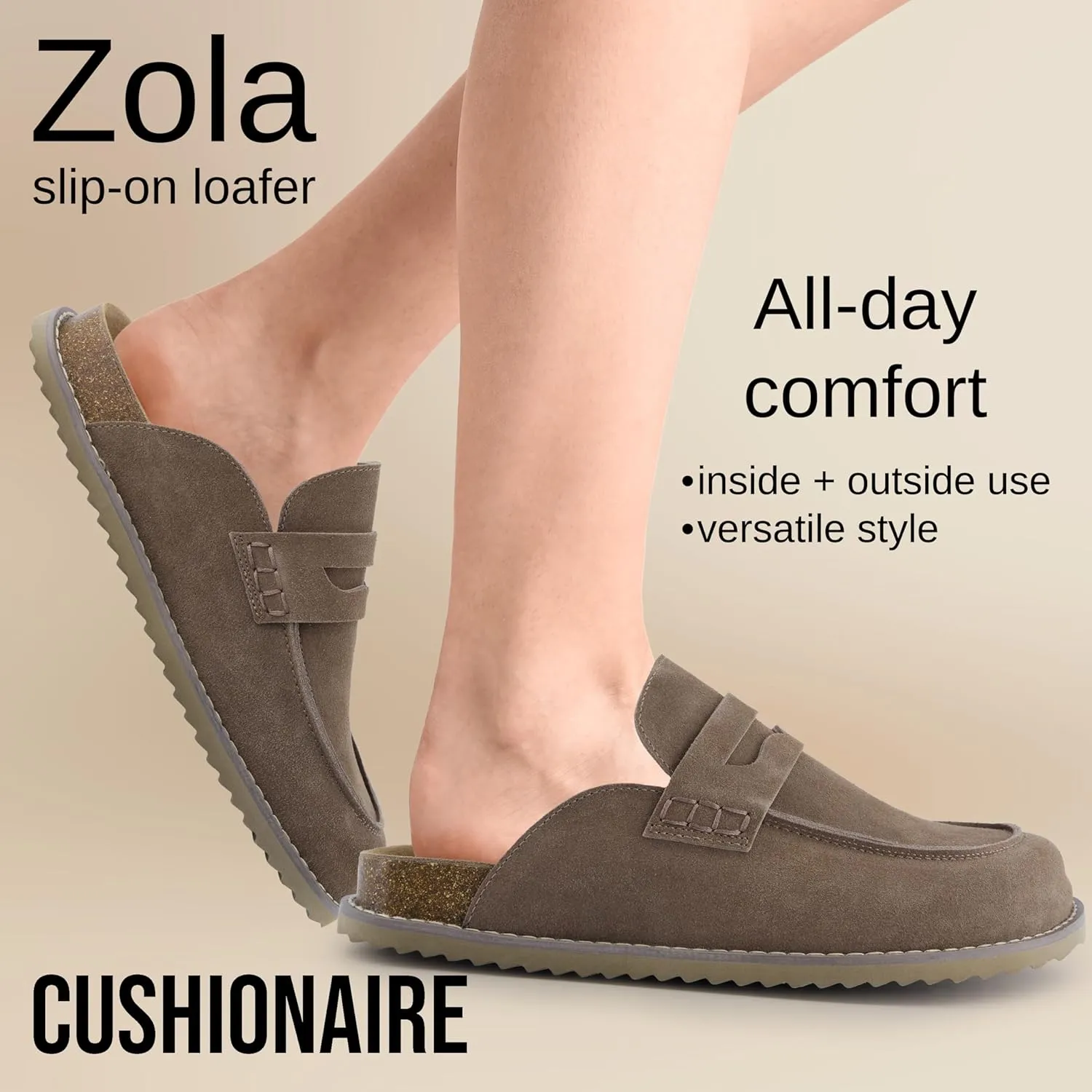 CUSHIONAIRE Zola Womens Penny Clog Mule  Suede Slip-On with Memory Foam, Cork Footbed & Flexible Outsole