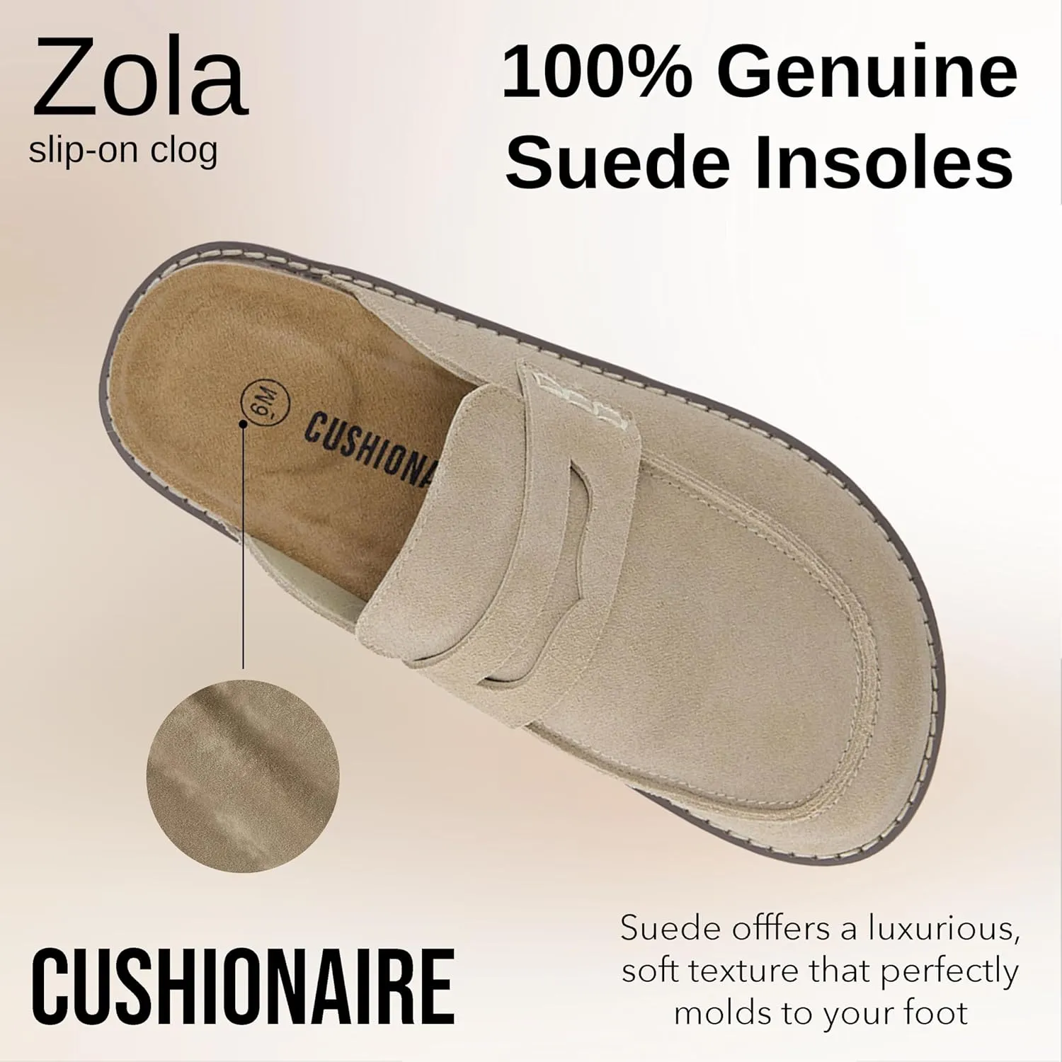 CUSHIONAIRE Zola Womens Penny Clog Mule  Suede Slip-On with Memory Foam, Cork Footbed & Flexible Outsole