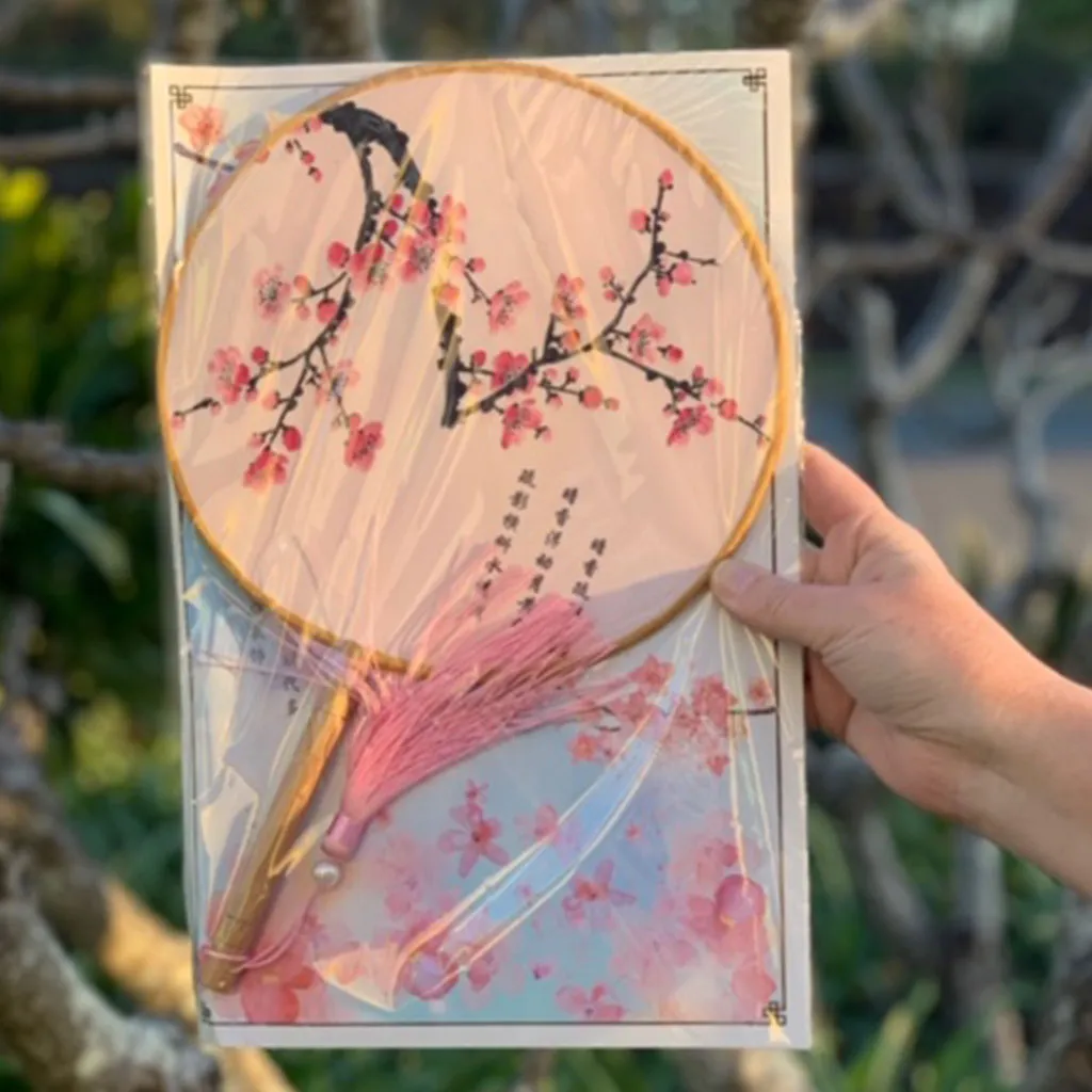 Elegant Round Silk Fan - Pink Cherry Blossoms