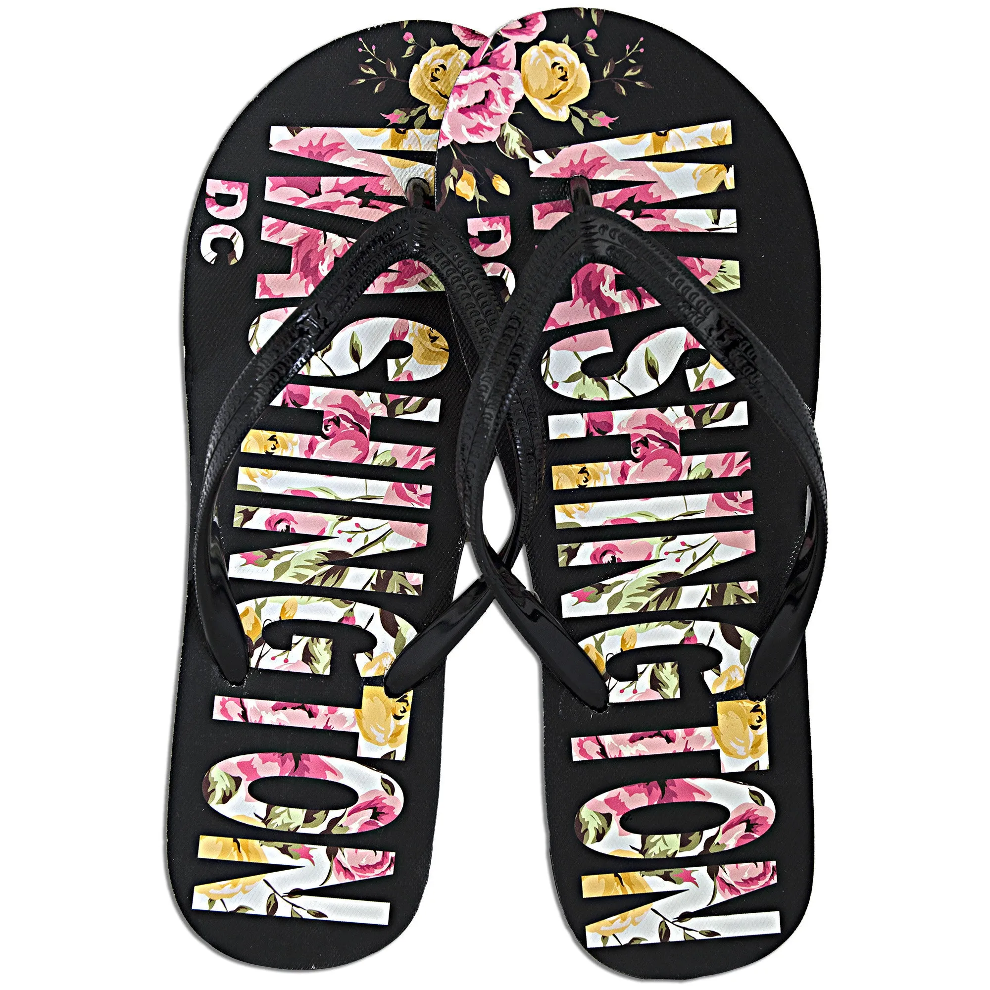 FFDC6B Robin Ruth Flip Flops - Washington DC Flower BLACK/PINK
