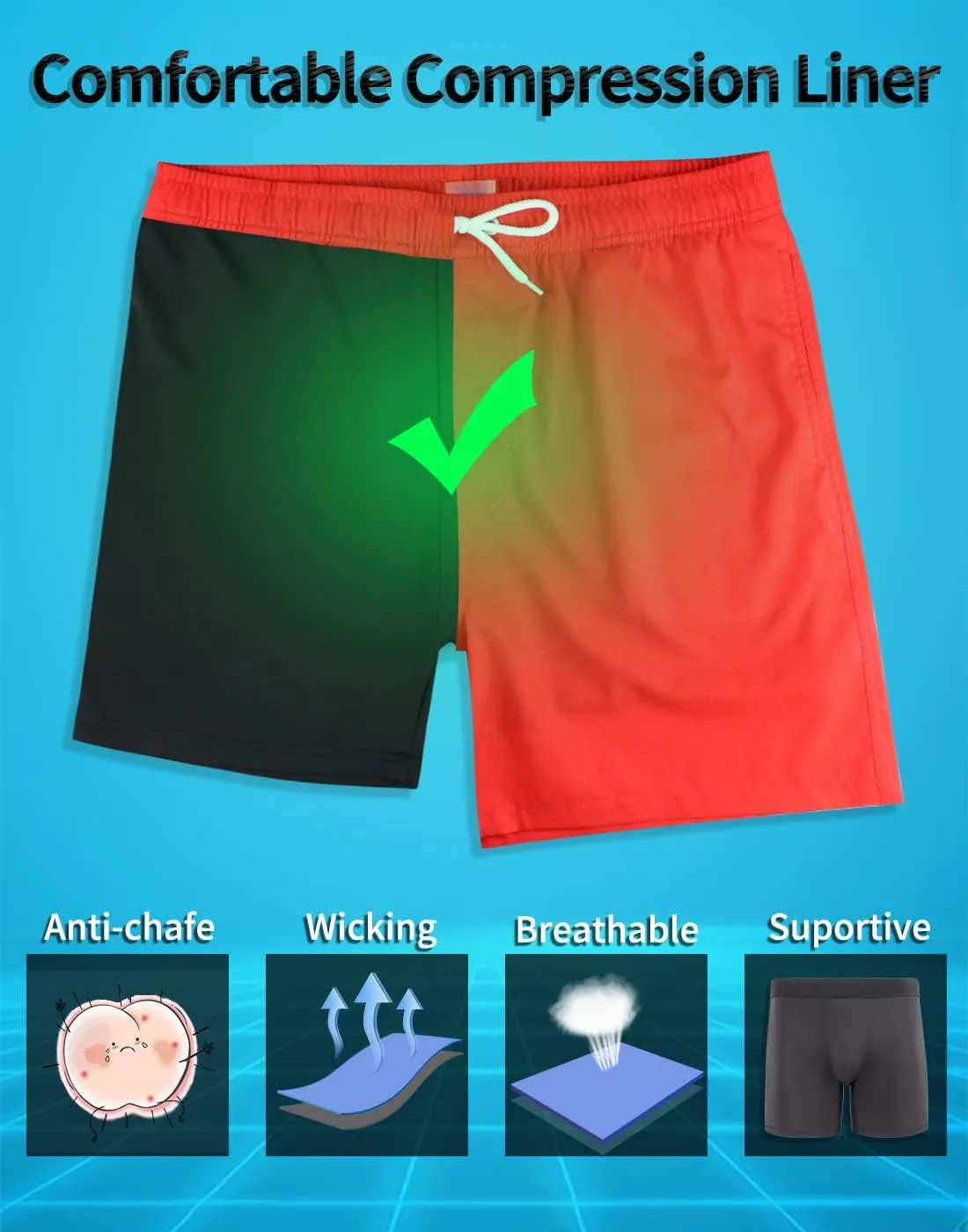 LUCOWEE Mens Swim Trunks with Compression Liner Anti Chafe Quick Dry UPF 50  Swimming Shorts 5" 7" Inseam Bathing Suit