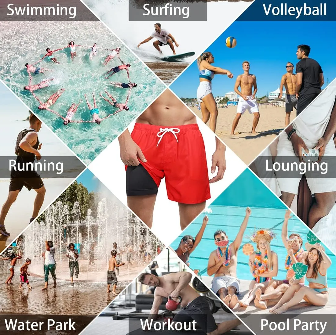 LUCOWEE Mens Swim Trunks with Compression Liner Anti Chafe Quick Dry UPF 50  Swimming Shorts 5" 7" Inseam Bathing Suit