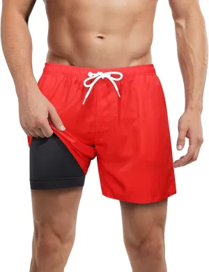 LUCOWEE Mens Swim Trunks with Compression Liner Anti Chafe Quick Dry UPF 50  Swimming Shorts 5" 7" Inseam Bathing Suit