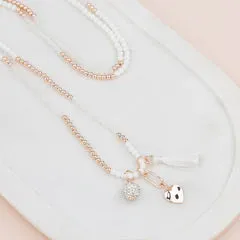 Rose Gold and White Bead Tassel Necklace**